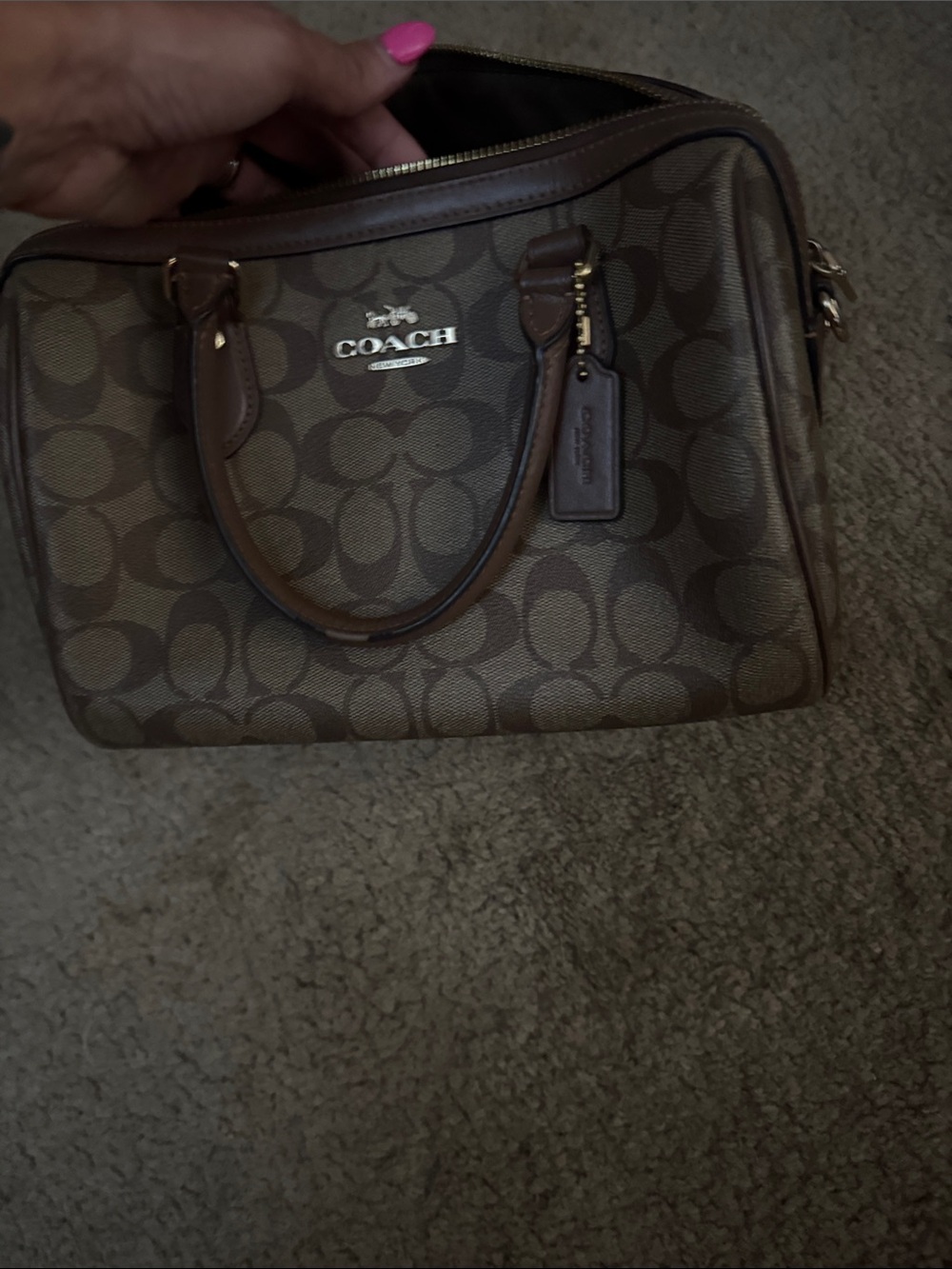 Coach Brown Signature Canvas Messenger Bag with Leather Trim